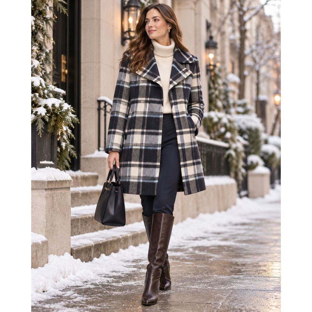 Theory Alps Plaid Wool Alpaca Blend Coat Womens P Navy Blue Quiet Luxury Winter